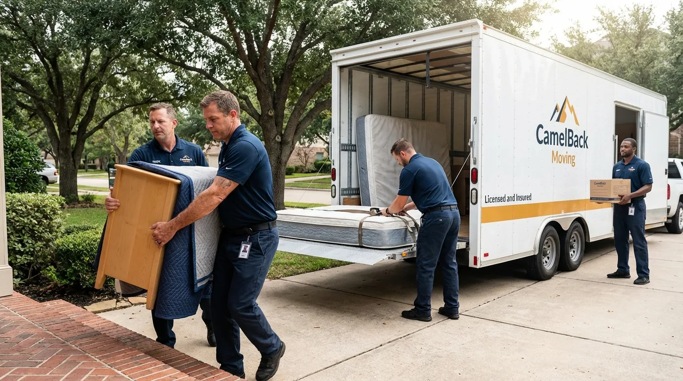 Crew loading residential truck for cross-state move from Elgin, MN