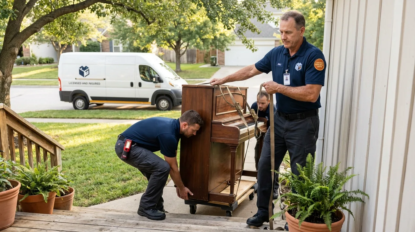 Licensed piano movers securing grand piano in Elgin, MN