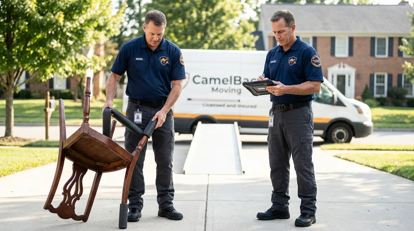 Movers inspecting furniture for damage prevention before loading in Elgin, MN