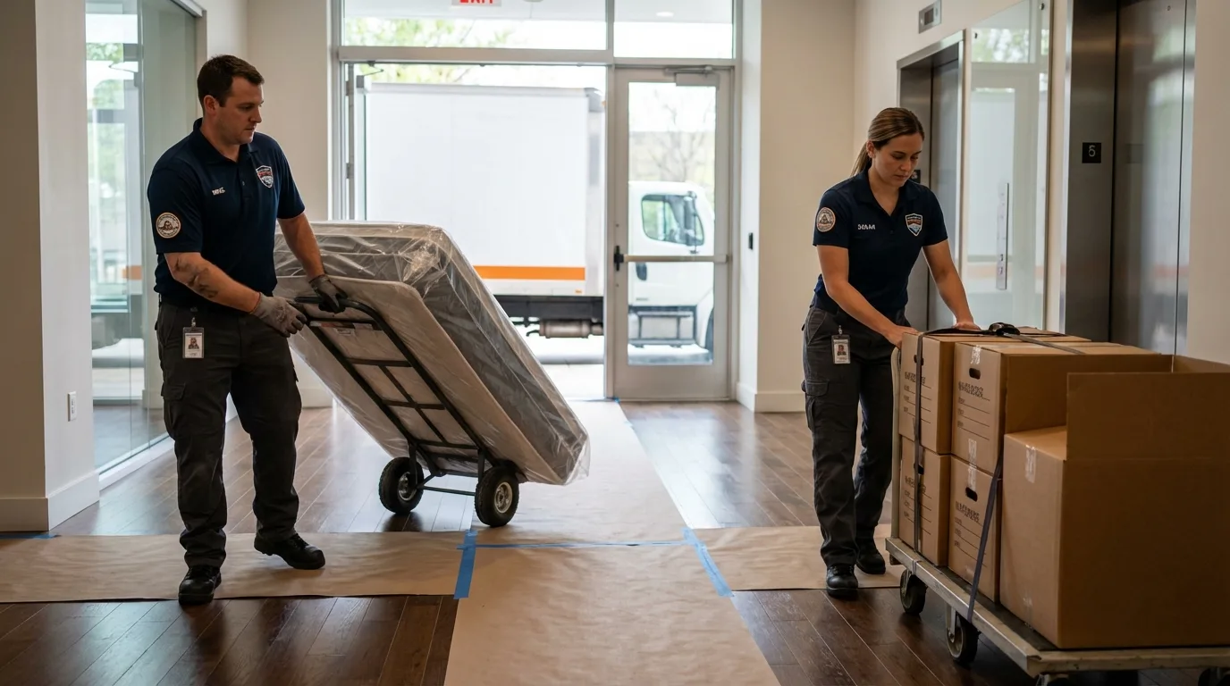 Professional apartment movers loading elevator in Elgin, MN