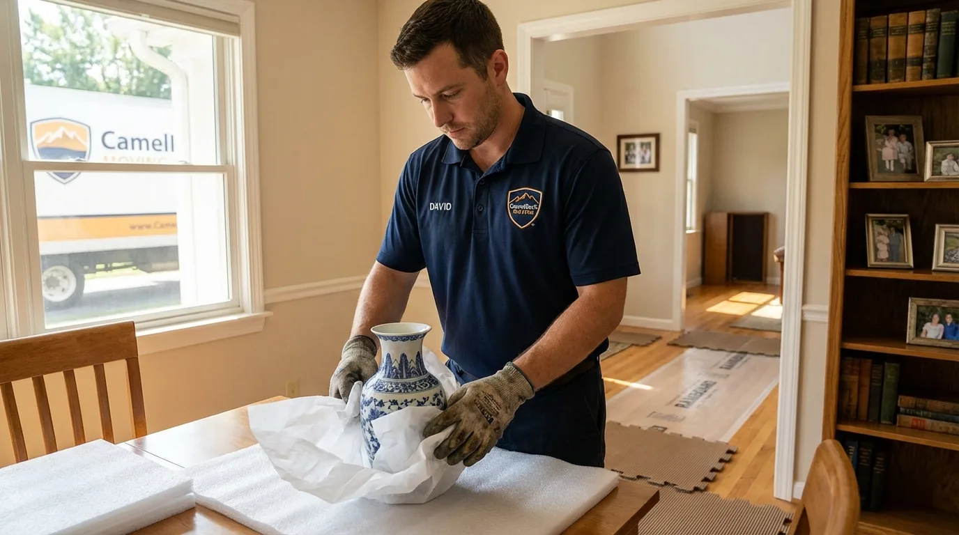 Professional crew carefully wrapping antique vase for senior downsizing move in Elgin, MN