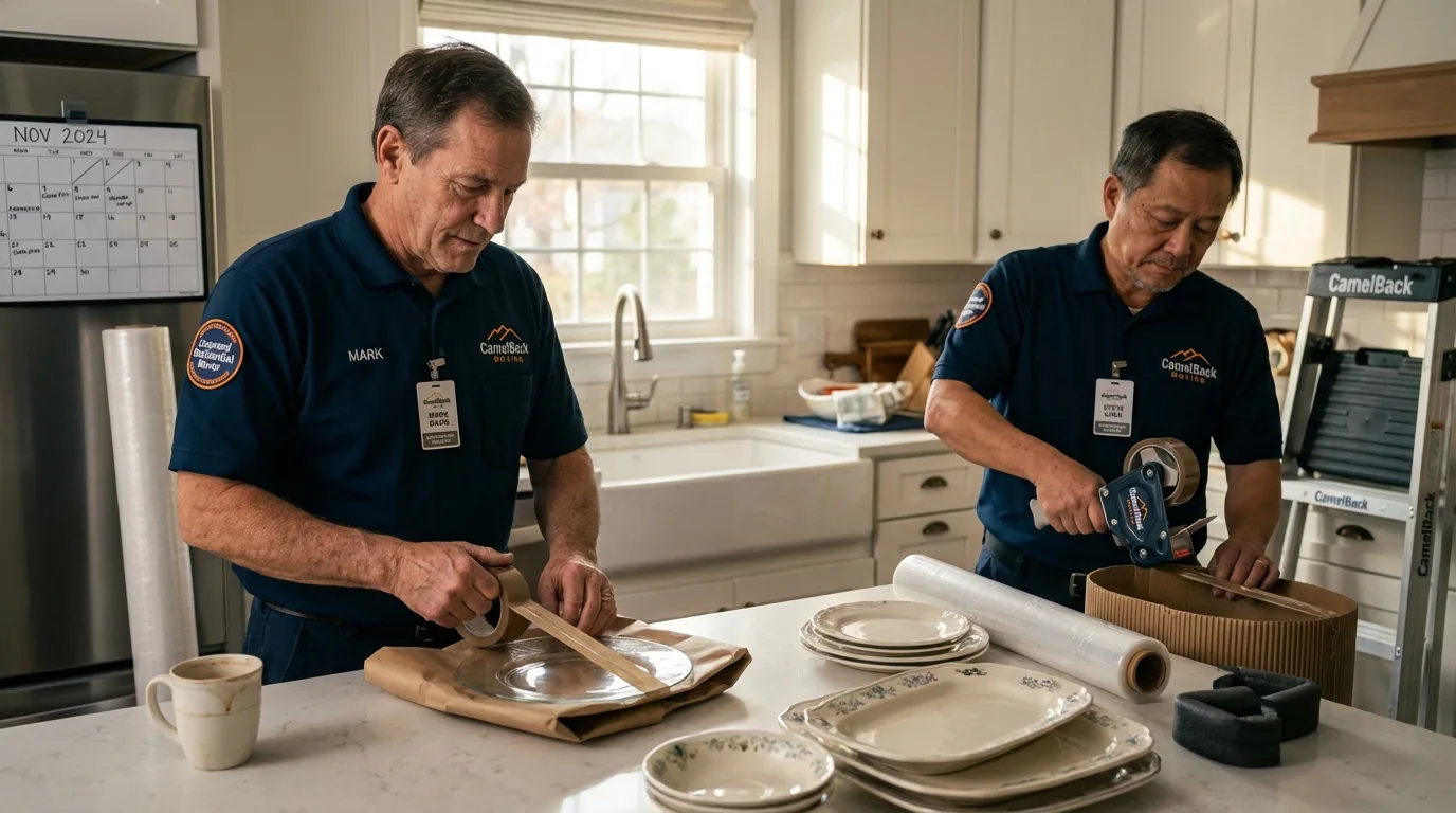 Professional crew packing kitchen dishware in Elgin, MN